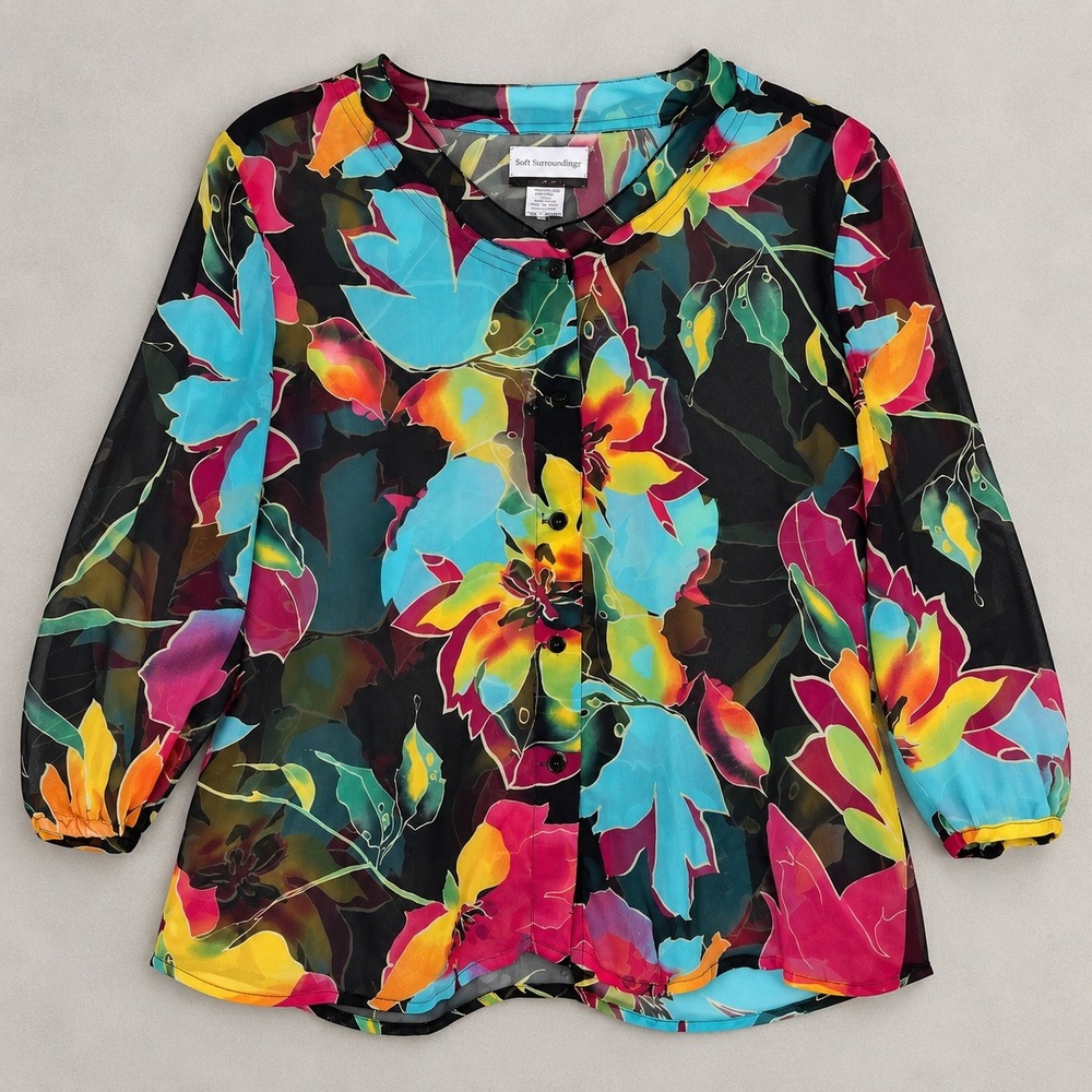 Soft Surroundings 100% Silk Blouse Black Floral Sheer Button Top Sz M